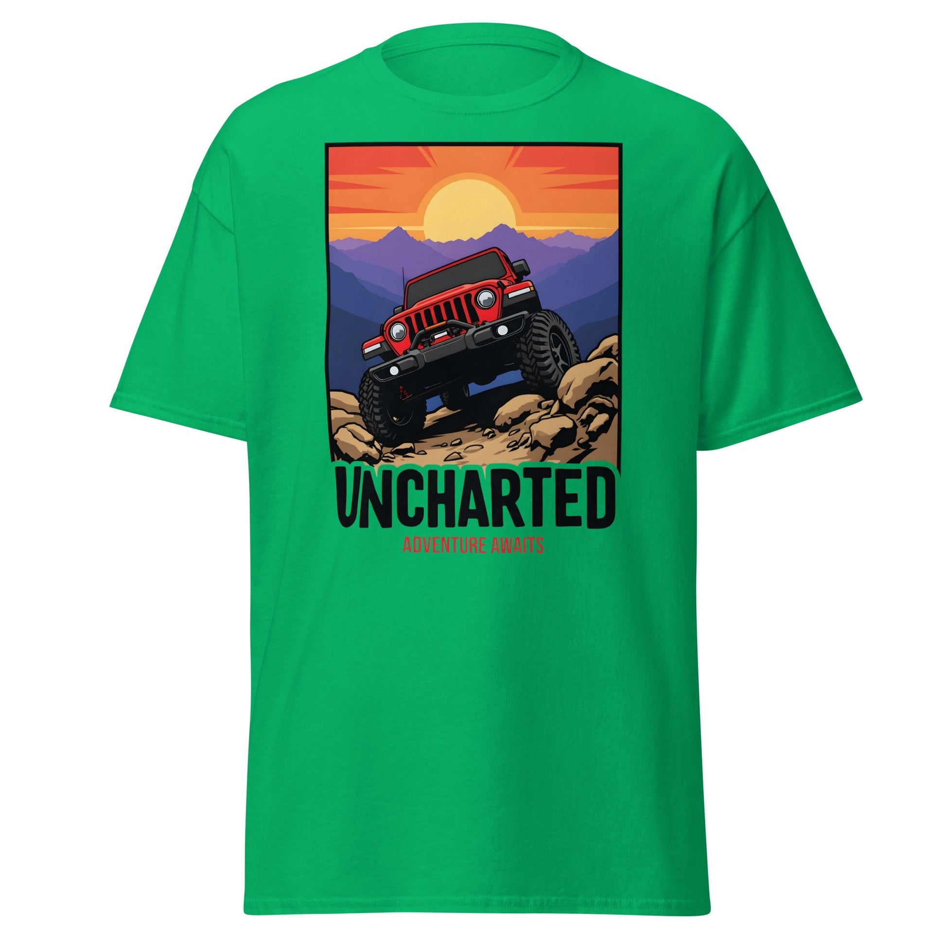 Uncharted Adventure Awaits Off - Road Jeep Tee | 4x4 Apparel - Irish Green - T-Shirts Online