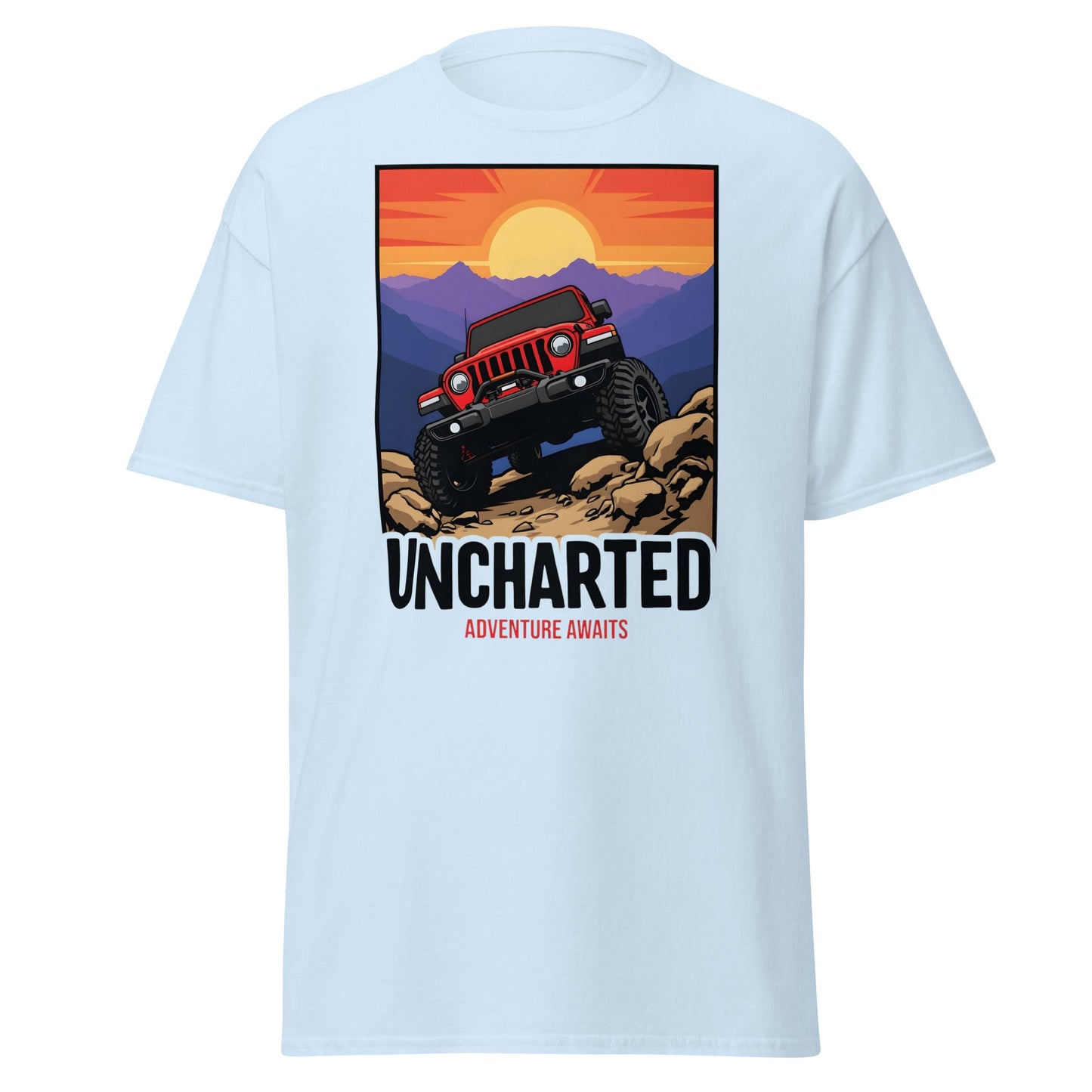 Uncharted Adventure Awaits Off - Road Jeep Tee | 4x4 Apparel - Light Blue - T-Shirts Online