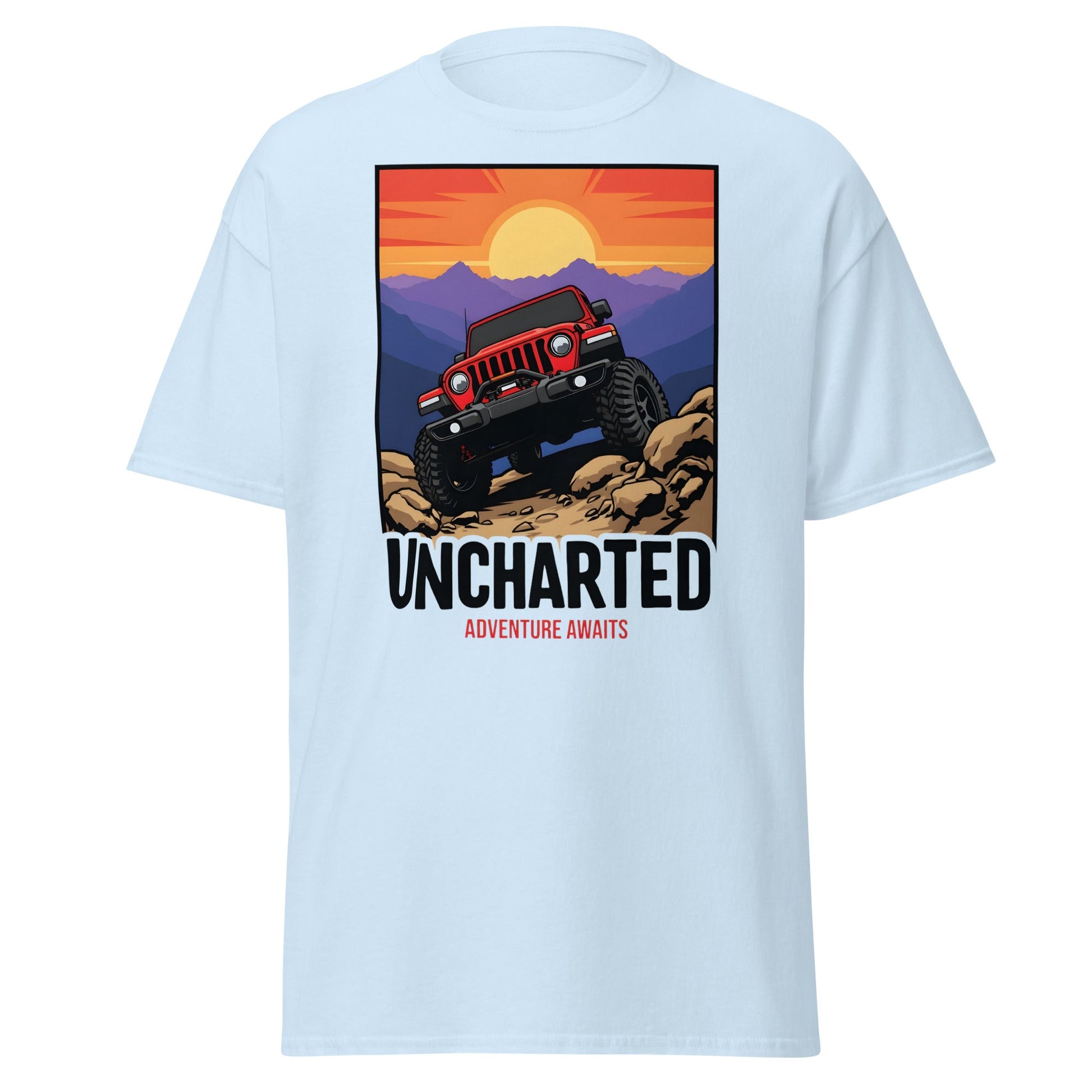 Uncharted Adventure Awaits Off - Road Jeep Tee | 4x4 Apparel - Light Blue - T-Shirts Online