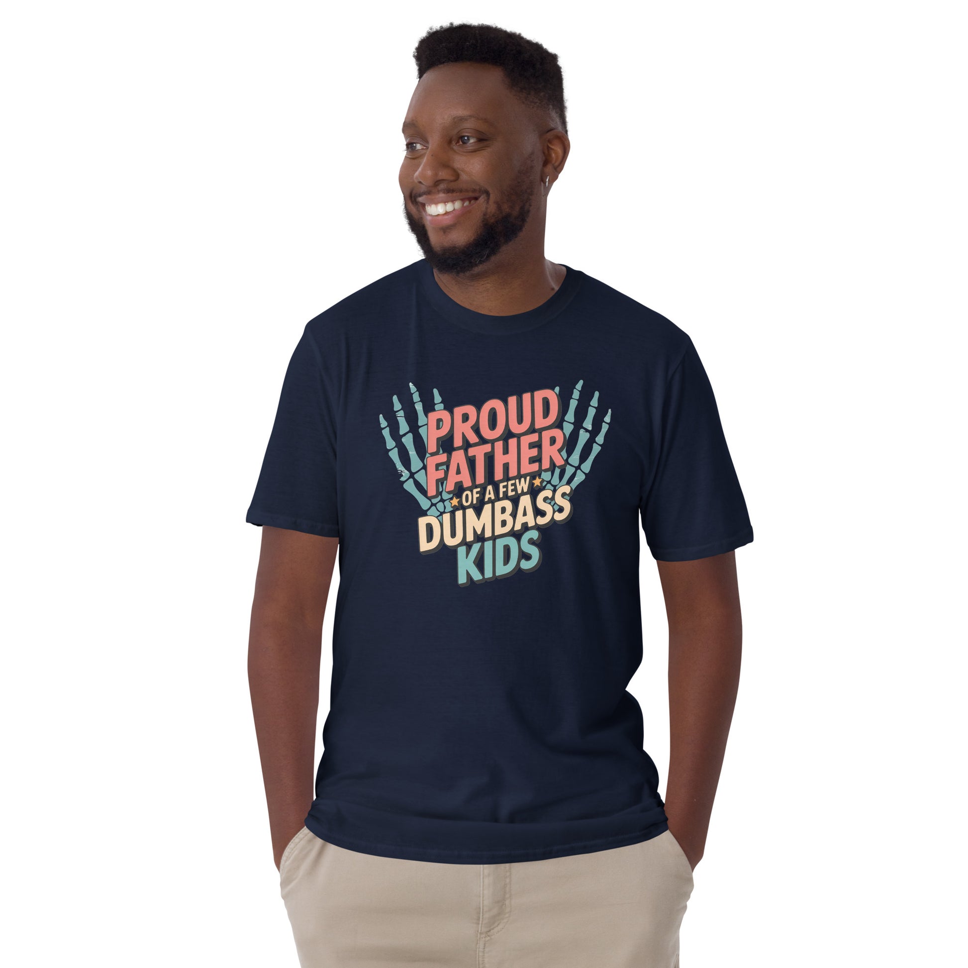 t-shirt with colorful text and skeleton hands design worn by a man