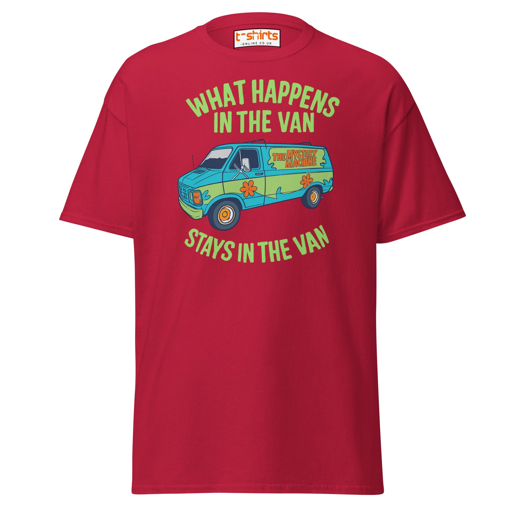 Red t-shirt with a graphic of a van and text on a white background