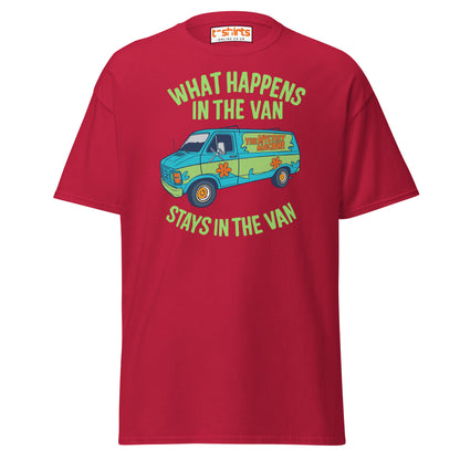 Red t-shirt with a graphic of a van and text on a white background