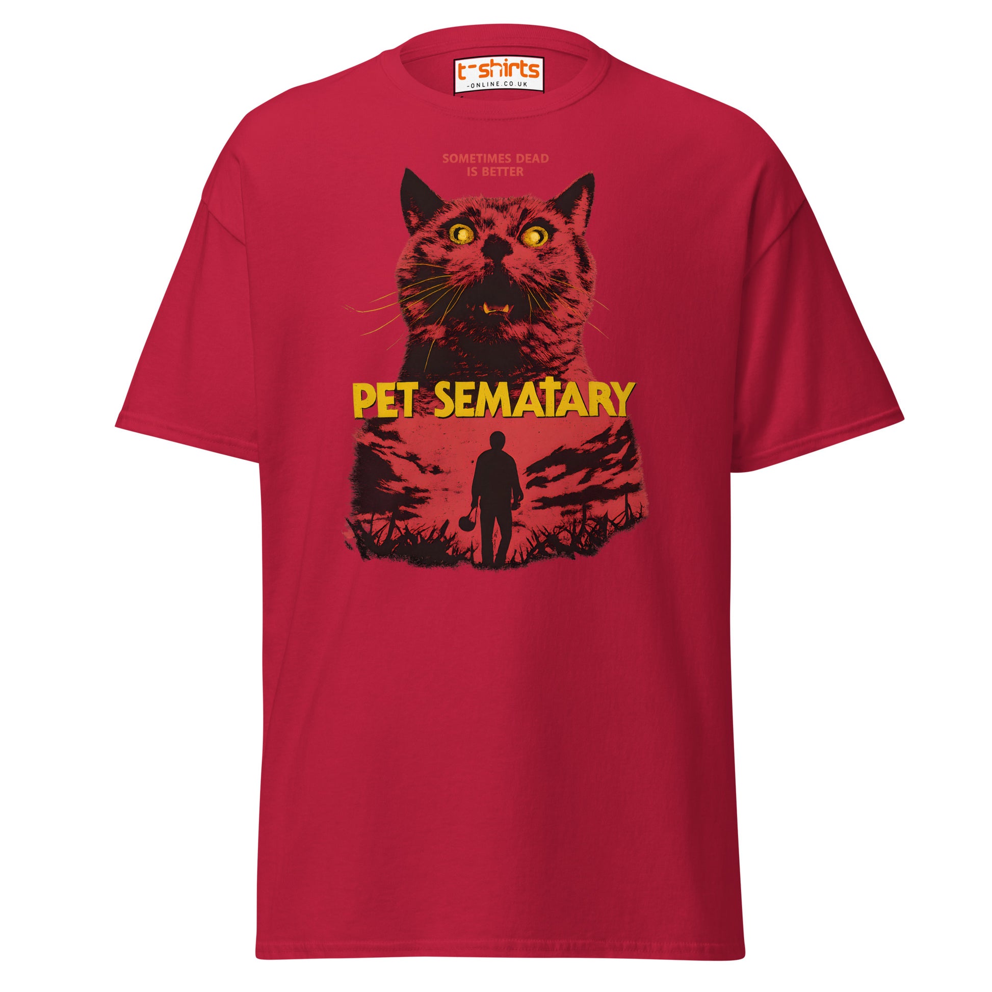 Red t-shirt with 'Pet Sematary' graphic design featuring a cat and silhouette on a white background.
