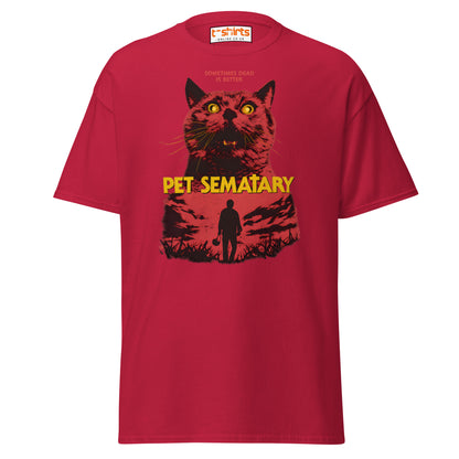 Red t-shirt with 'Pet Sematary' graphic design featuring a cat and silhouette on a white background.
