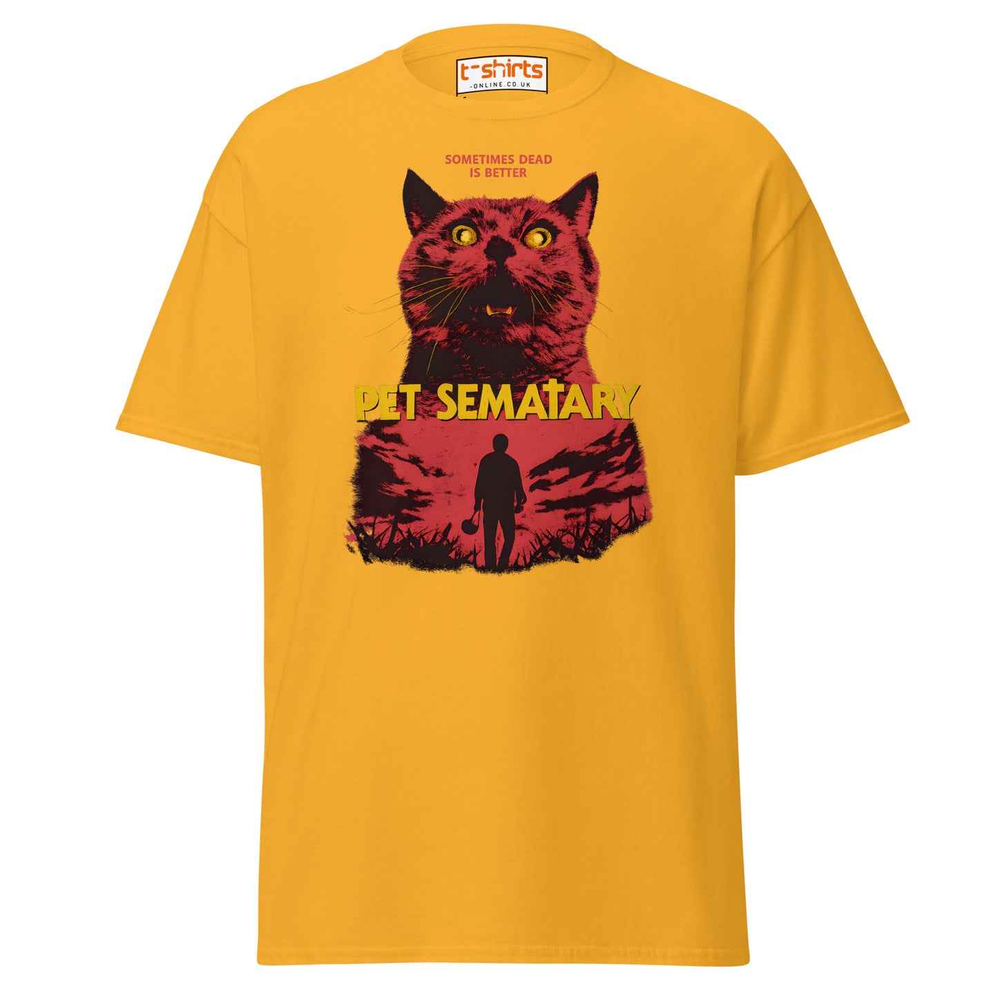 Yellow t-shirt with a graphic of a cat and text 'Pet Sematary' on a white background