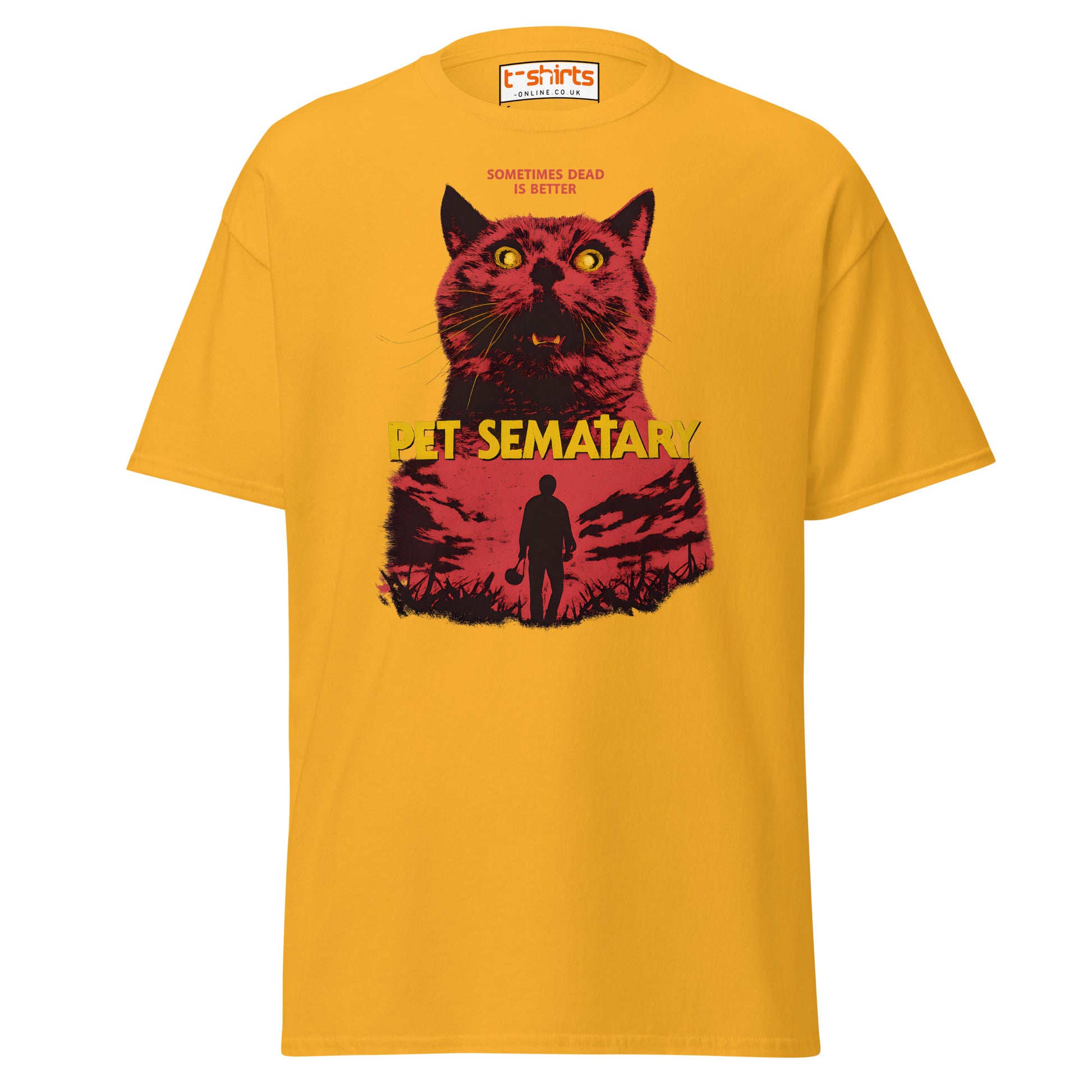 Yellow t-shirt with a graphic of a cat and text 'Pet Sematary' on a white background