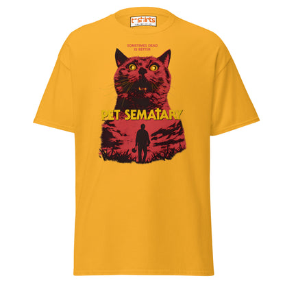 Yellow t-shirt with a graphic of a cat and text 'Pet Sematary' on a white background