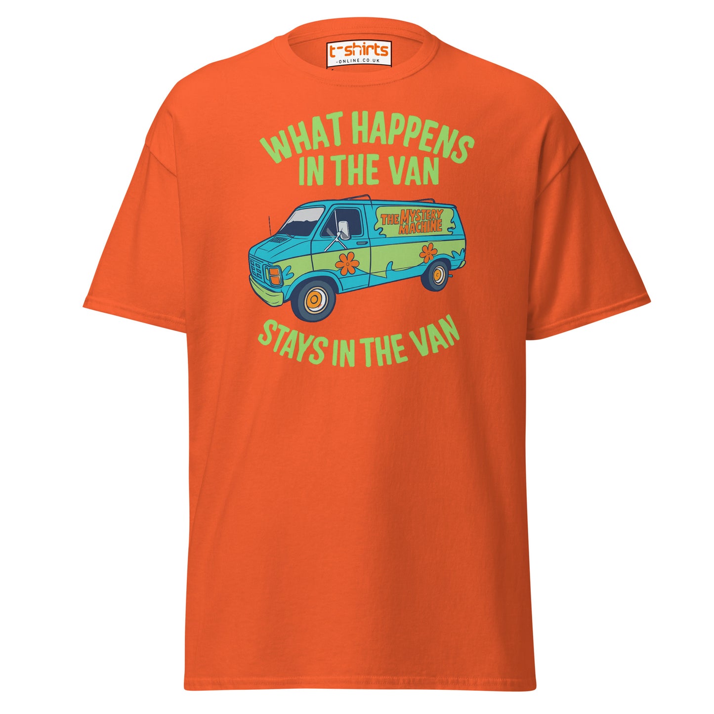 Orange t-shirt with a graphic of a van and text on a white background