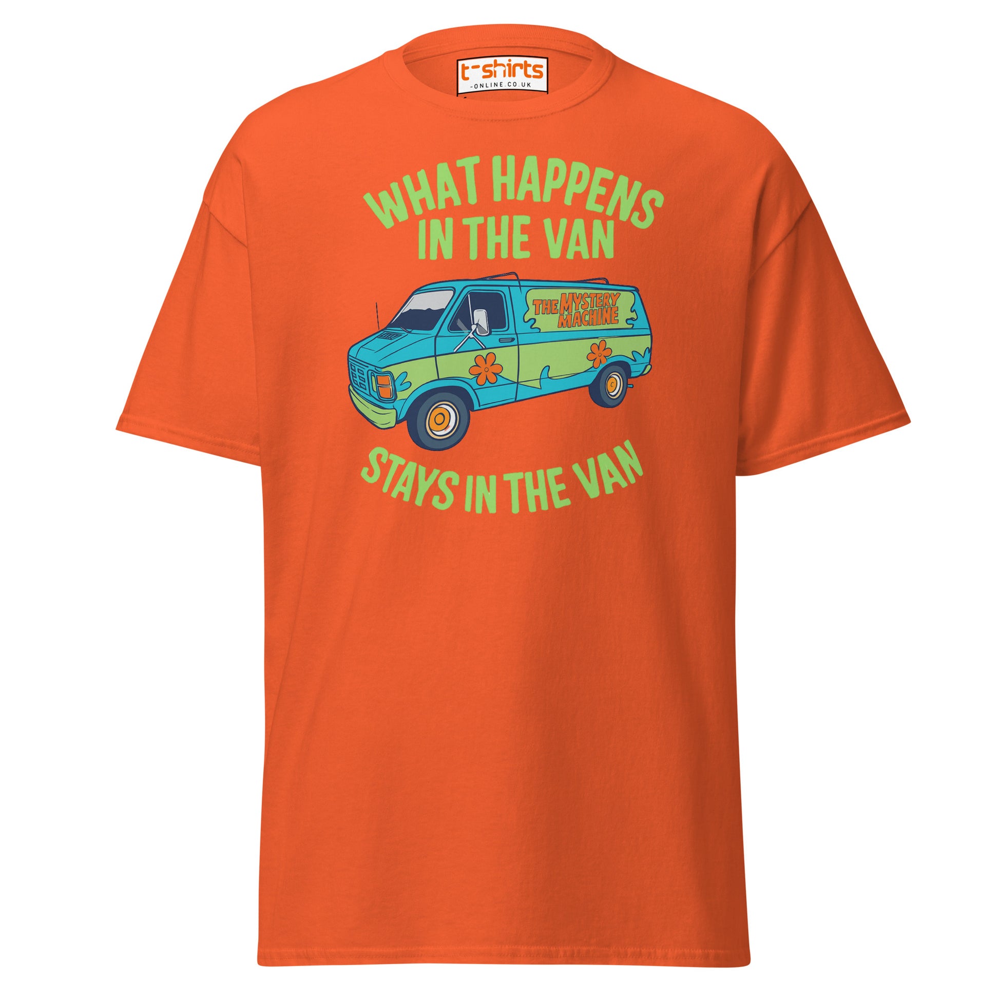 Orange t-shirt with a graphic of a van and text on a white background