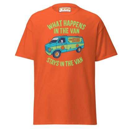 Orange t-shirt with a graphic of a van and text on a white background