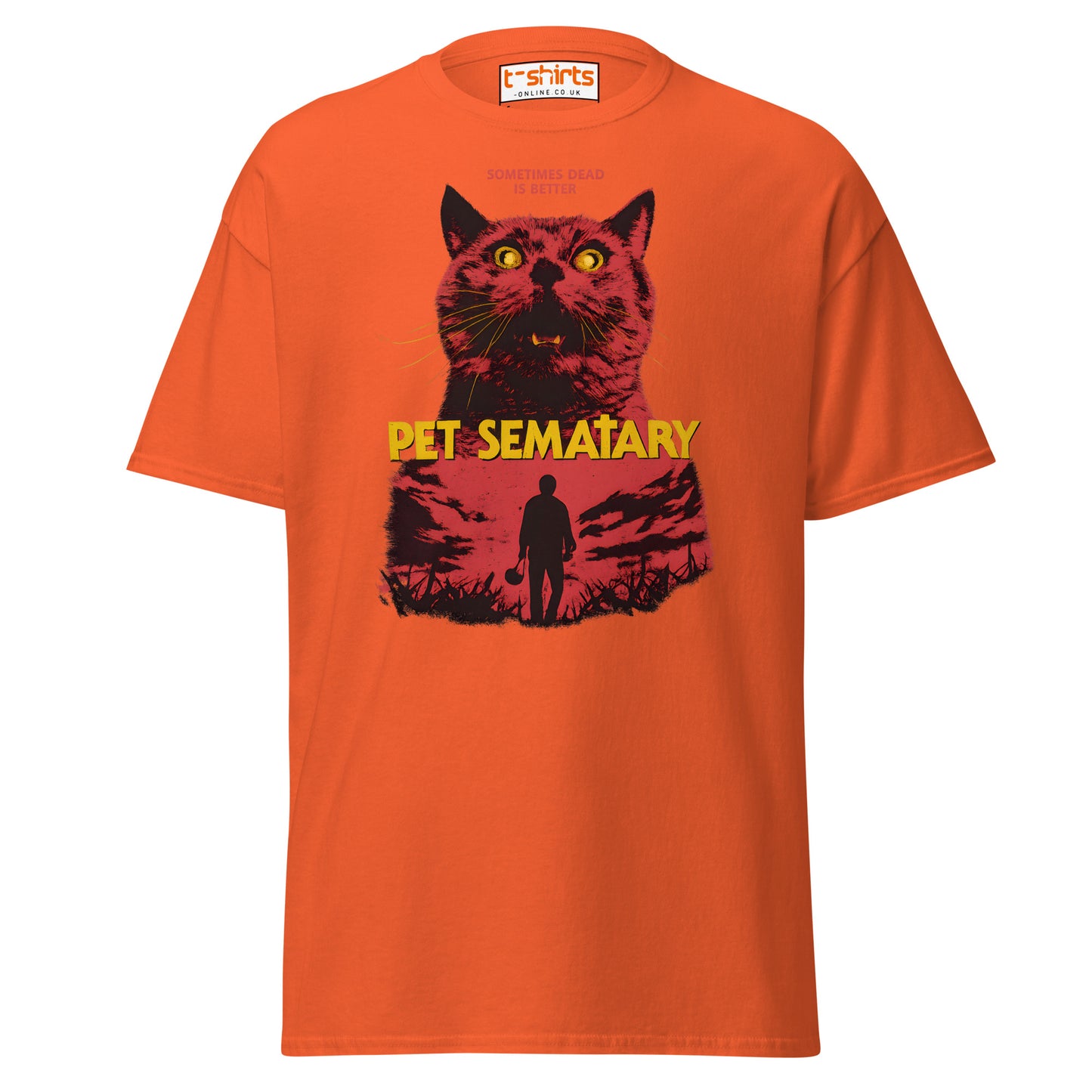 Orange t-shirt with a graphic of a cat and text 'Pet Sematary' on a white background