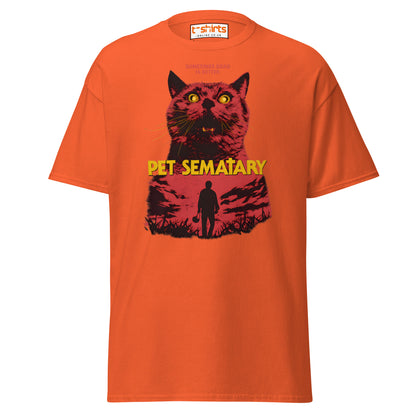 Orange t-shirt with a graphic of a cat and text 'Pet Sematary' on a white background