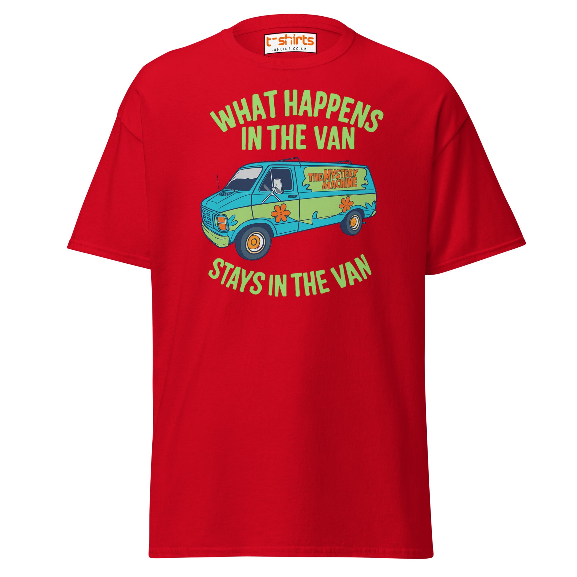 Red t-shirt with a graphic of a van and text on a white background