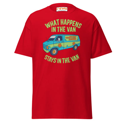 Red t-shirt with a graphic of a van and text on a white background
