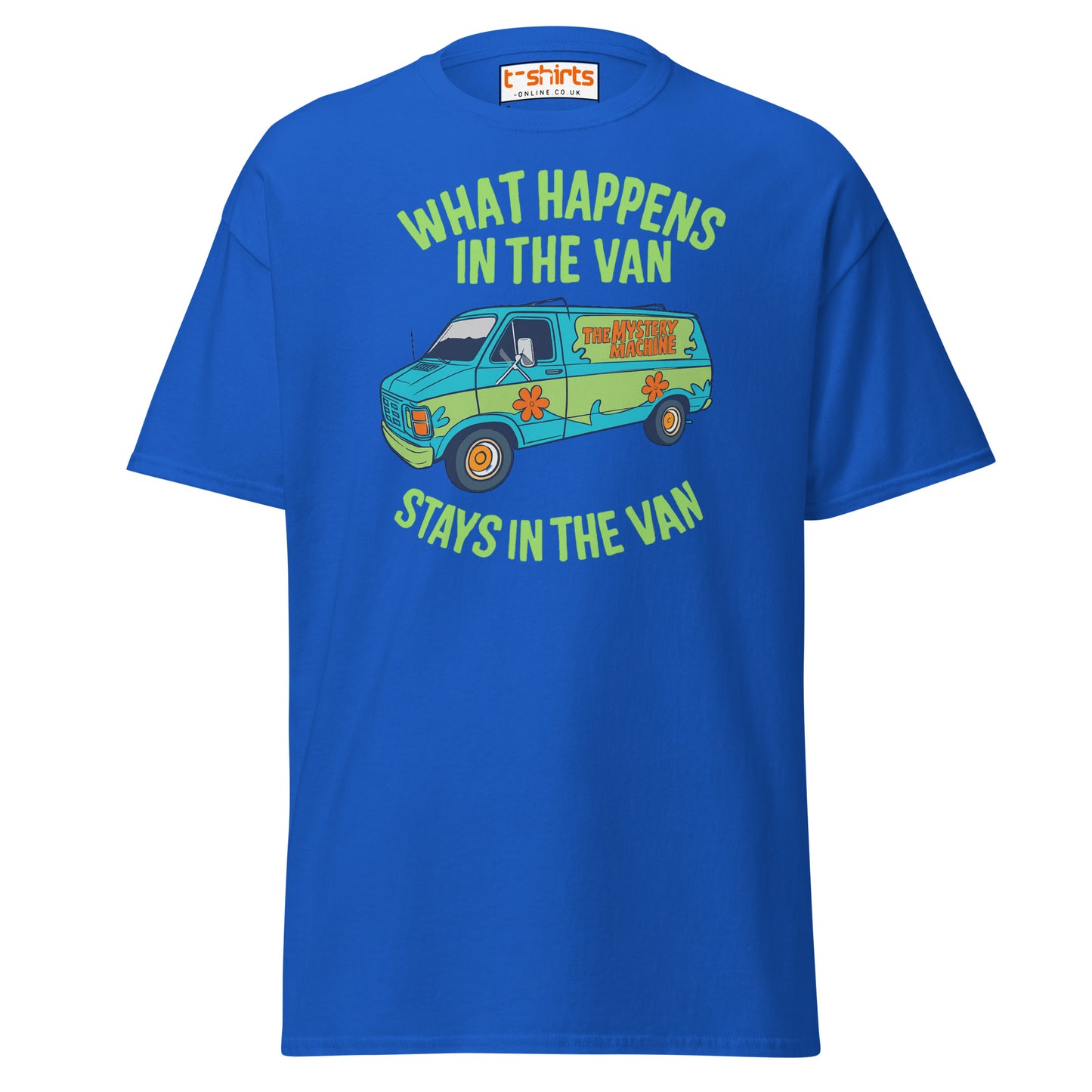 Blue t-shirt with a graphic of a van and text on a white background