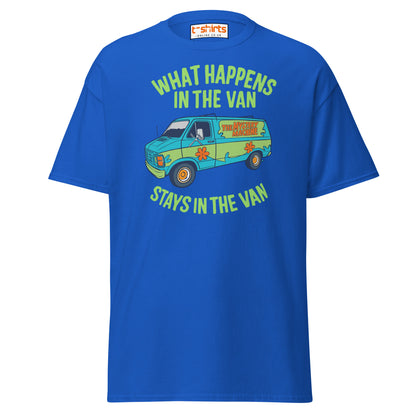 Blue t-shirt with a graphic of a van and text on a white background