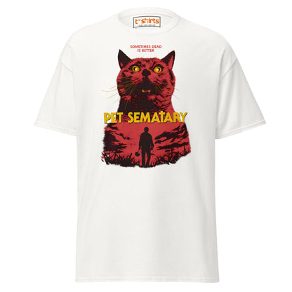 White t-shirt with a graphic of a red cat and text 'Pet Sematary' on a white background