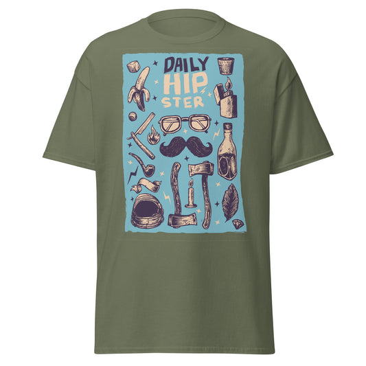 Vintage Hipster Style Sketch T-Shirt - Military Green - T-Shirts Online