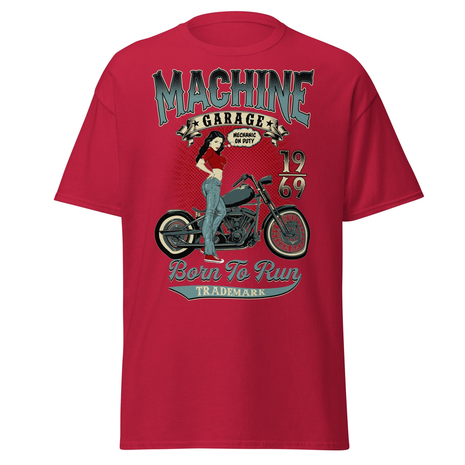 Vintage Pin - Up Biker T-Shirt - Born To Run 1969 - Cardinal - T-Shirts Online