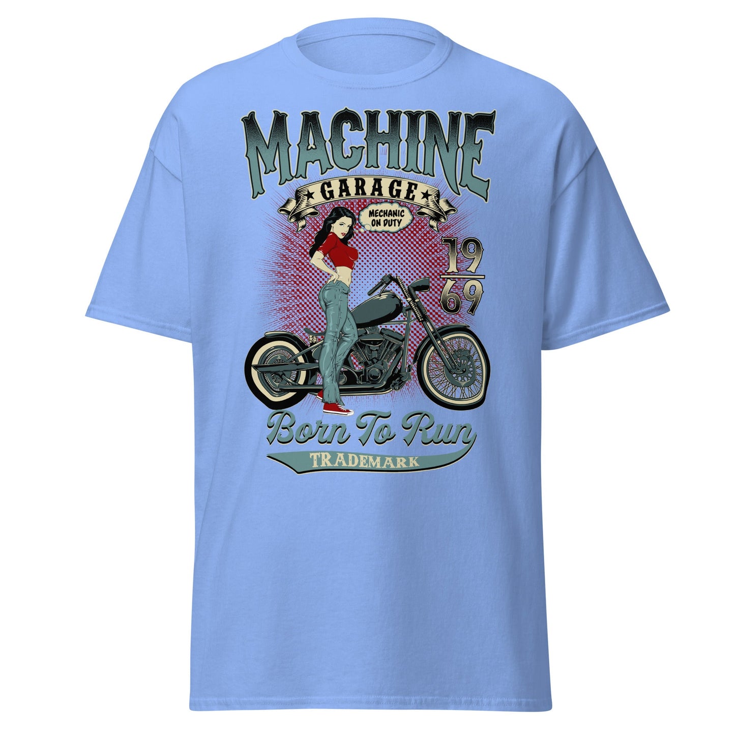 Vintage Pin - Up Biker T-Shirt - Born To Run 1969 - Carolina Blue - T-Shirts Online