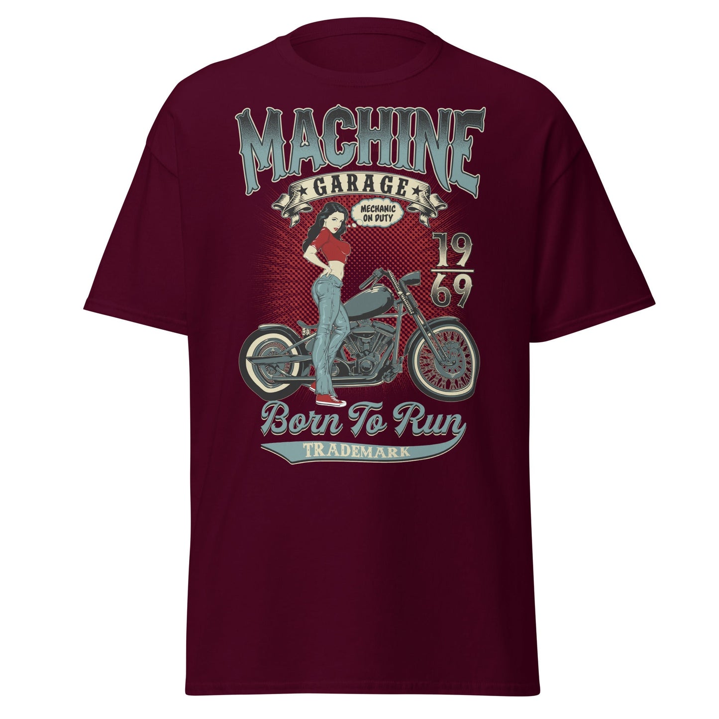 Vintage Pin - Up Biker T-Shirt - Born To Run 1969 - Maroon - T-Shirts Online