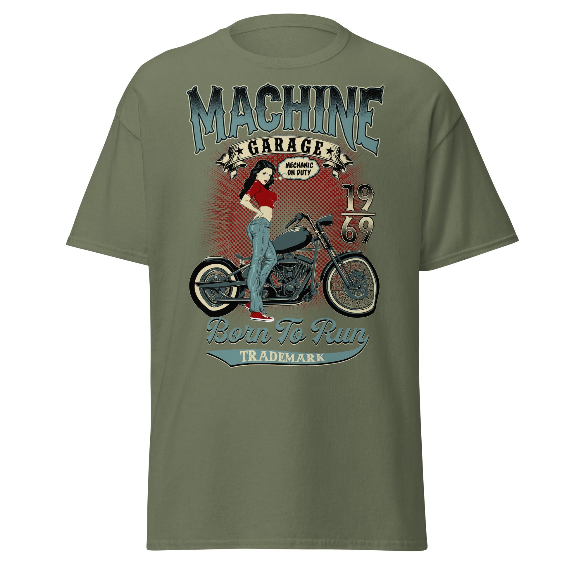 Vintage Pin - Up Biker T-Shirt - Born To Run 1969 - Military Green - T-Shirts Online