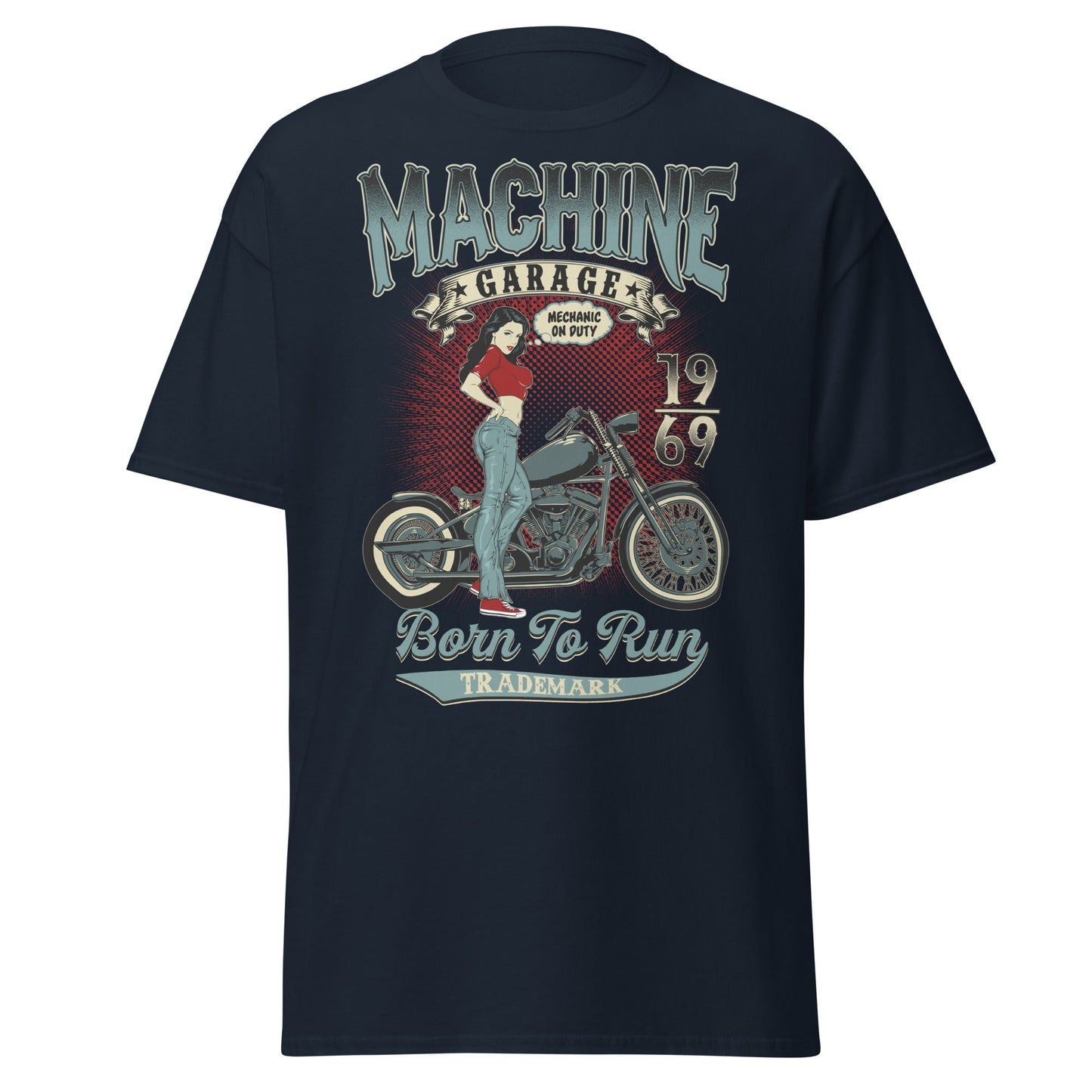 Vintage Pin - Up Biker T-Shirt - Born To Run 1969 - Navy - T-Shirts Online