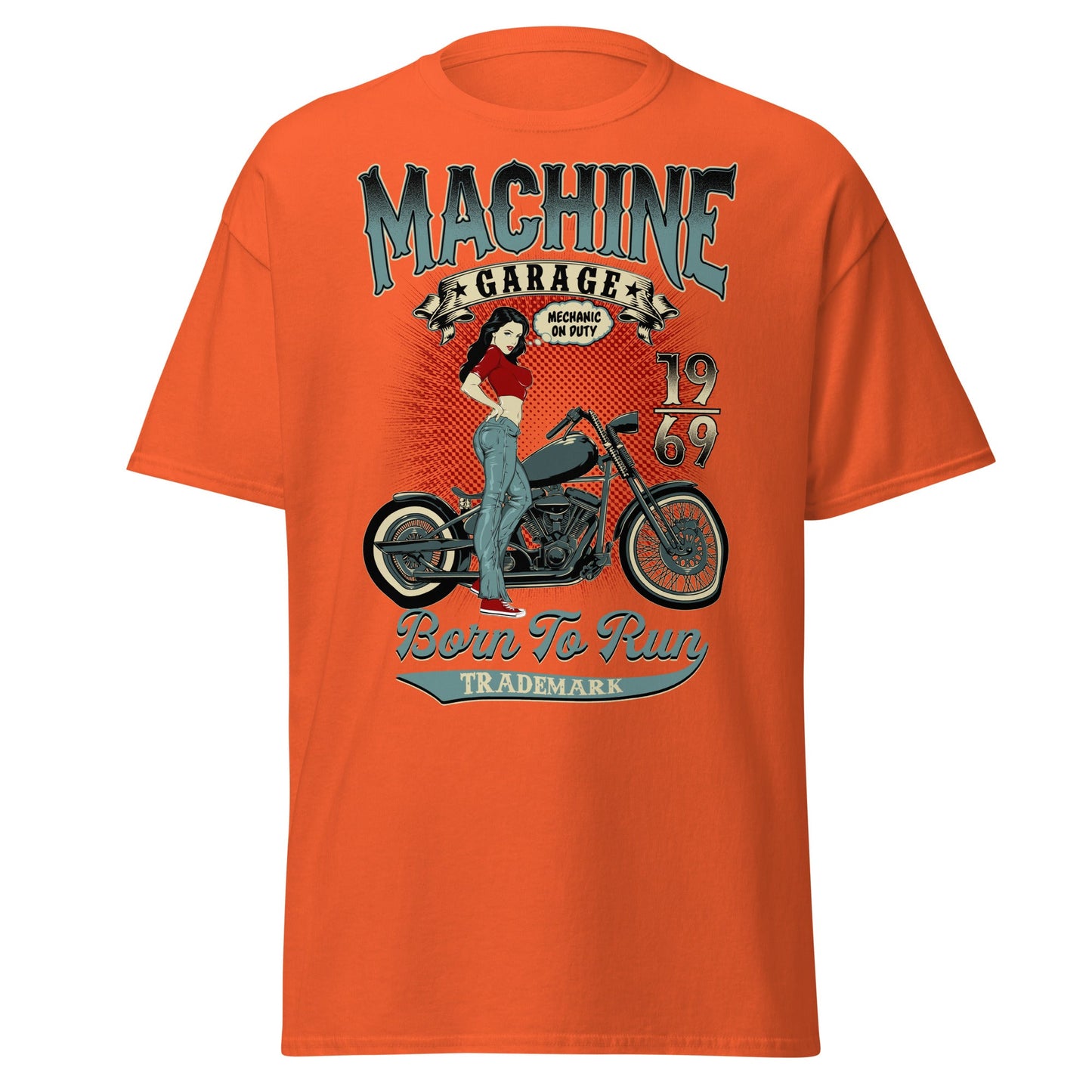 Vintage Pin - Up Biker T-Shirt - Born To Run 1969 - Orange - T-Shirts Online