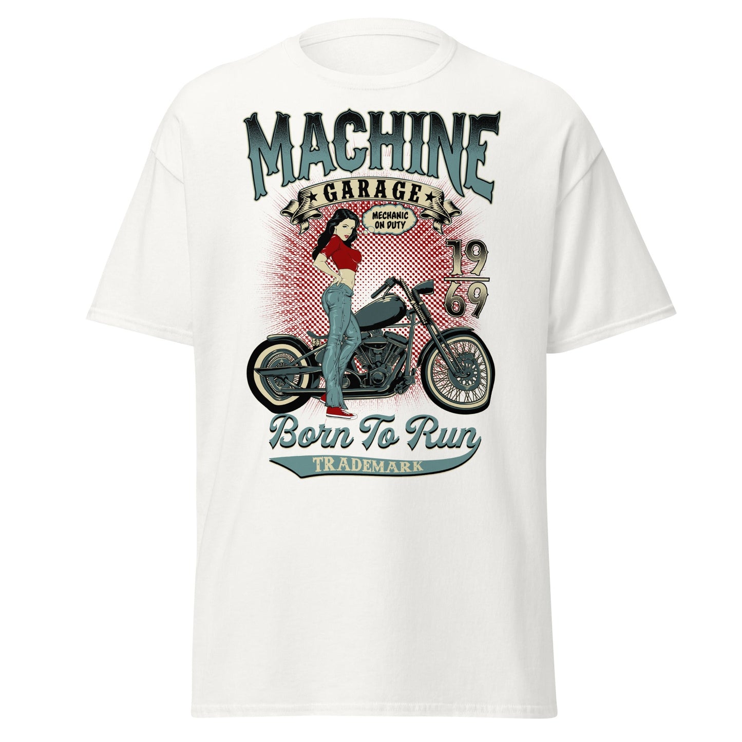 Vintage Pin - Up Biker T-Shirt - Born To Run 1969 - White - T-Shirts Online