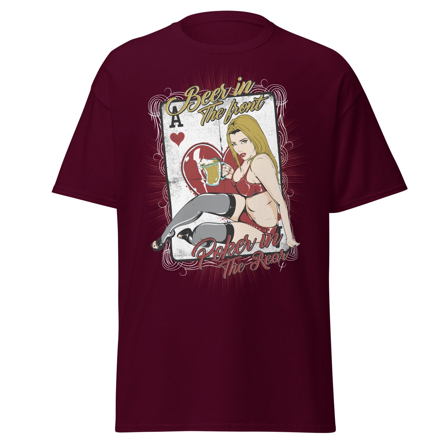 Vintage Poker Pin - Up T-Shirt: Ace of Hearts Art - Maroon - T-Shirts Online