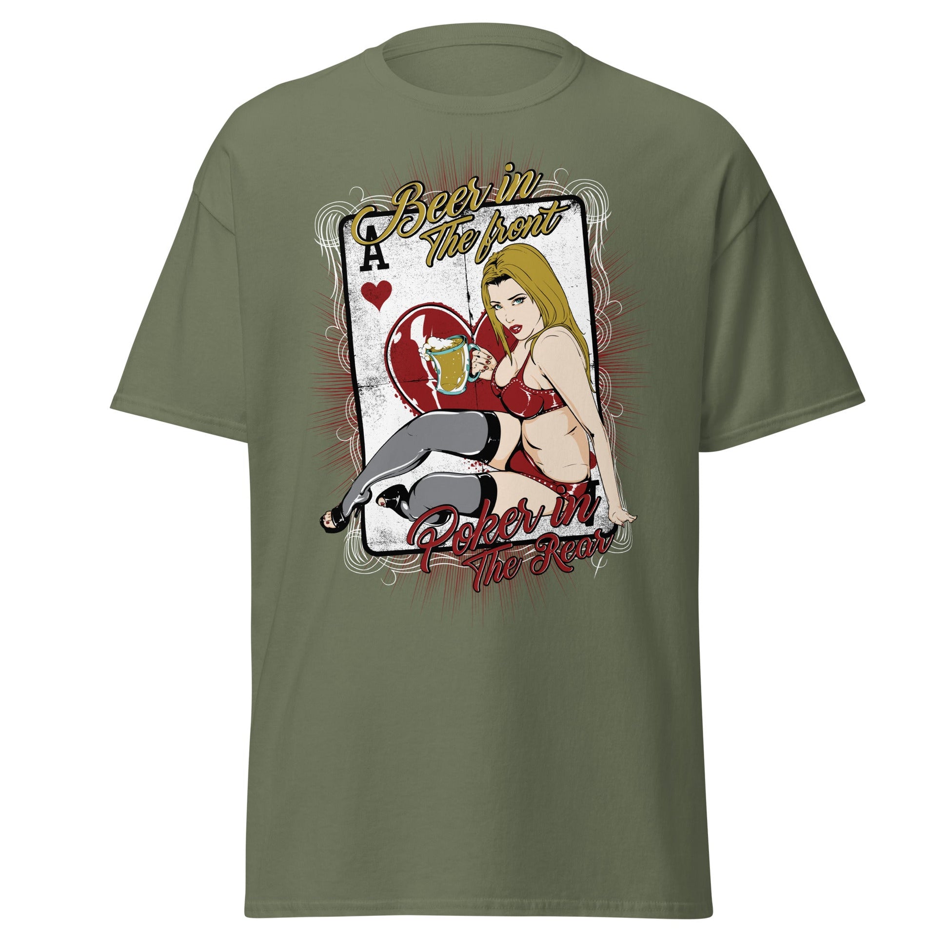 Vintage Poker Pin - Up T-Shirt: Ace of Hearts Art - Military Green - T-Shirts Online