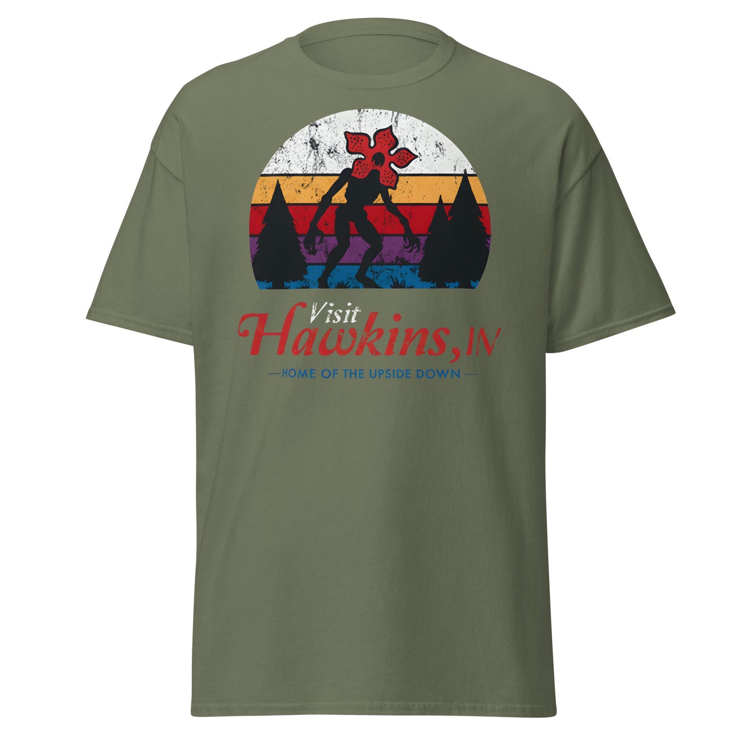 Visit Hawkins IN Home of the Upside Down T-Shirt - Military Green - T-Shirts Online
