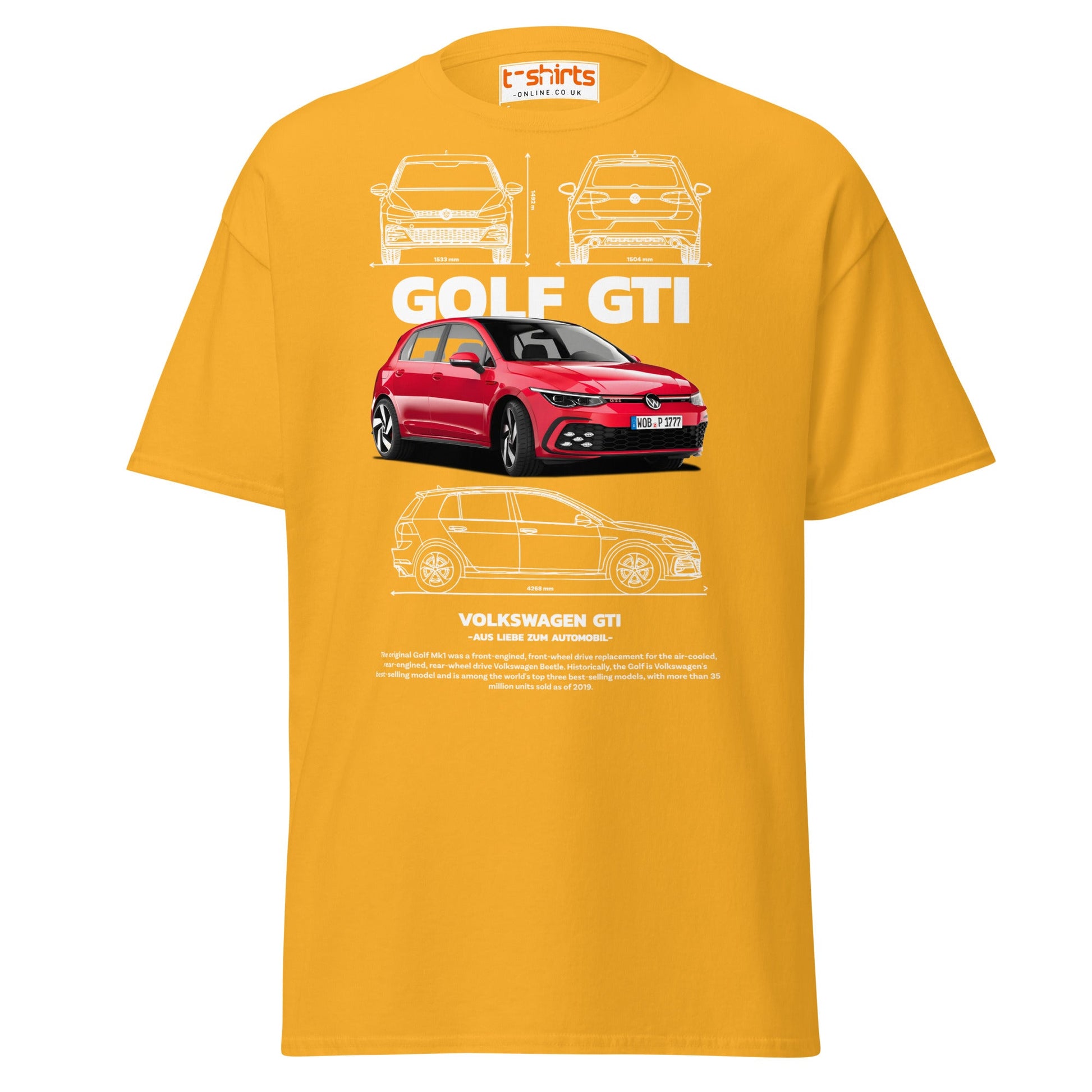 Volkswagen Golf GTI T-Shirt | Hot Hatch Car Tee - Gold - T-Shirts Online