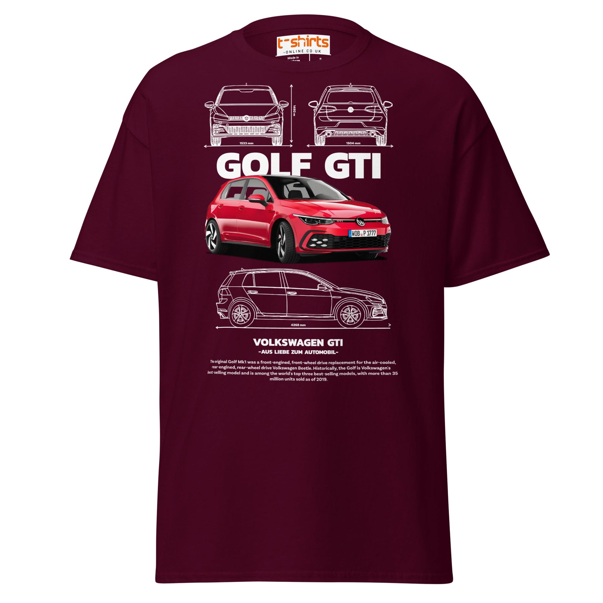 Volkswagen Golf GTI T-Shirt | Hot Hatch Car Tee - Maroon - T-Shirts Online