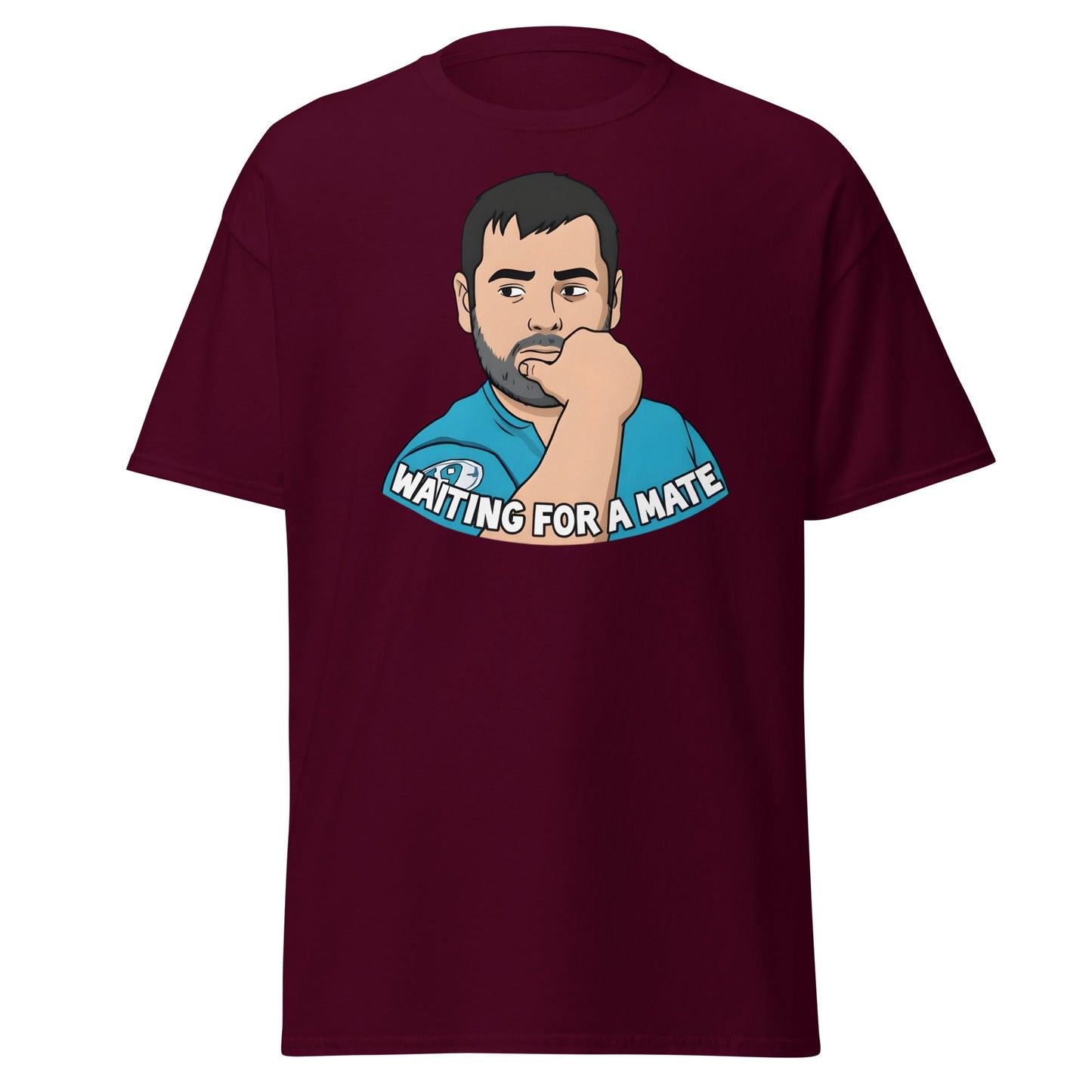 Waiting for a Mate T-Shirt Funny Single Guy Cartoon - Maroon - T-Shirts Online