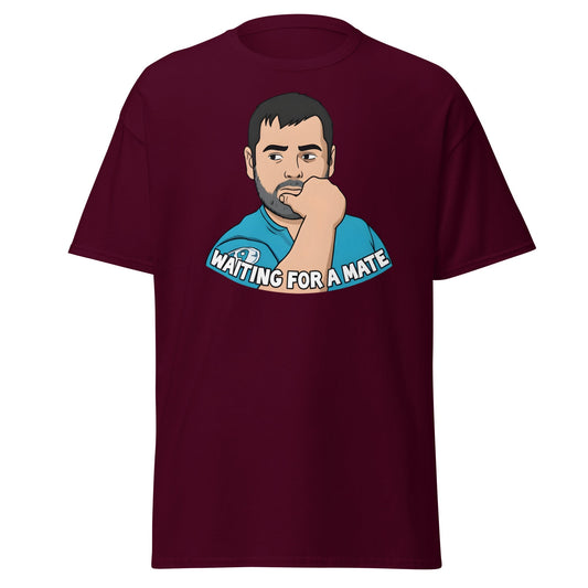 Waiting for a Mate T-Shirt Funny Single Guy Cartoon - Maroon - T-Shirts Online