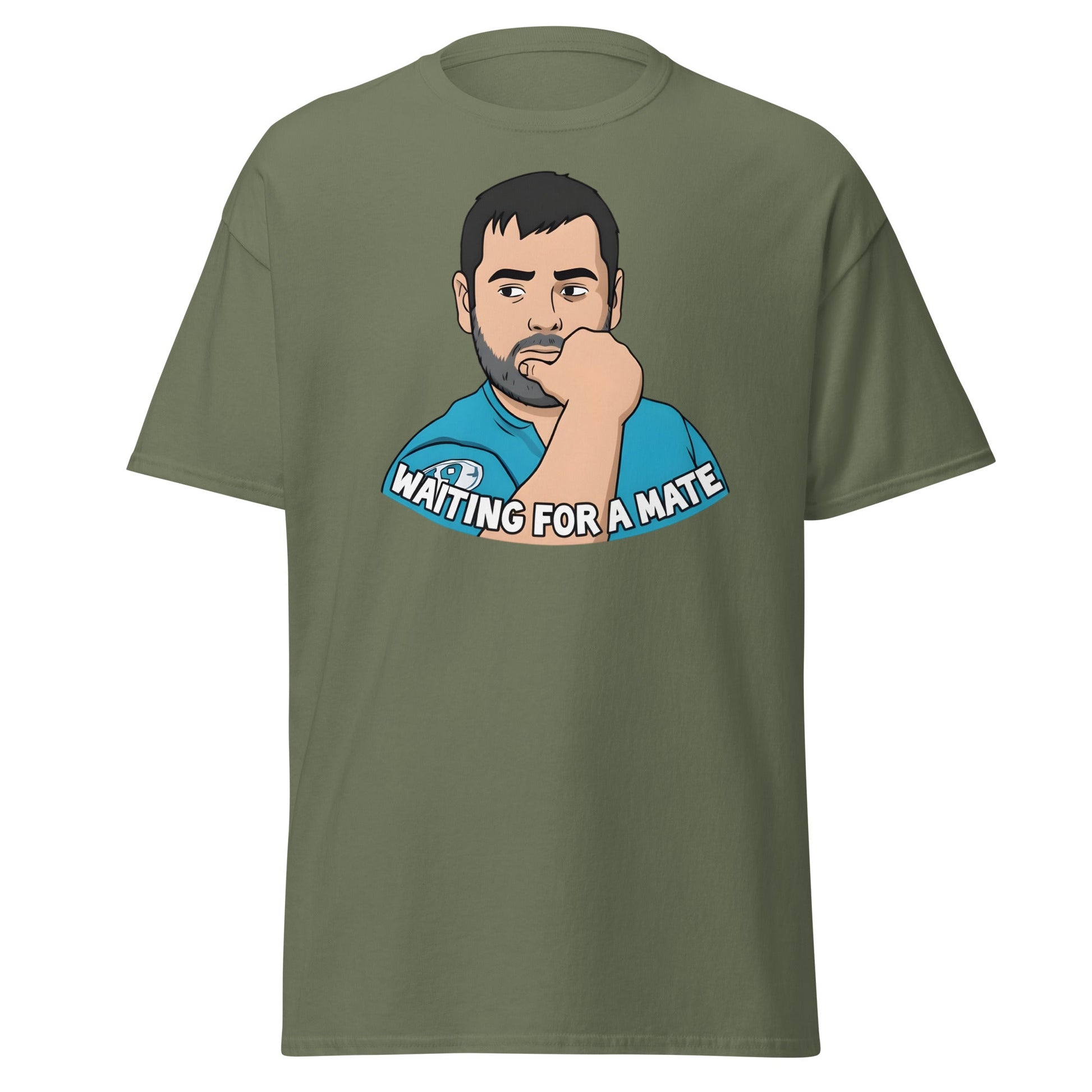 Waiting for a Mate T-Shirt Funny Single Guy Cartoon - Military Green - T-Shirts Online