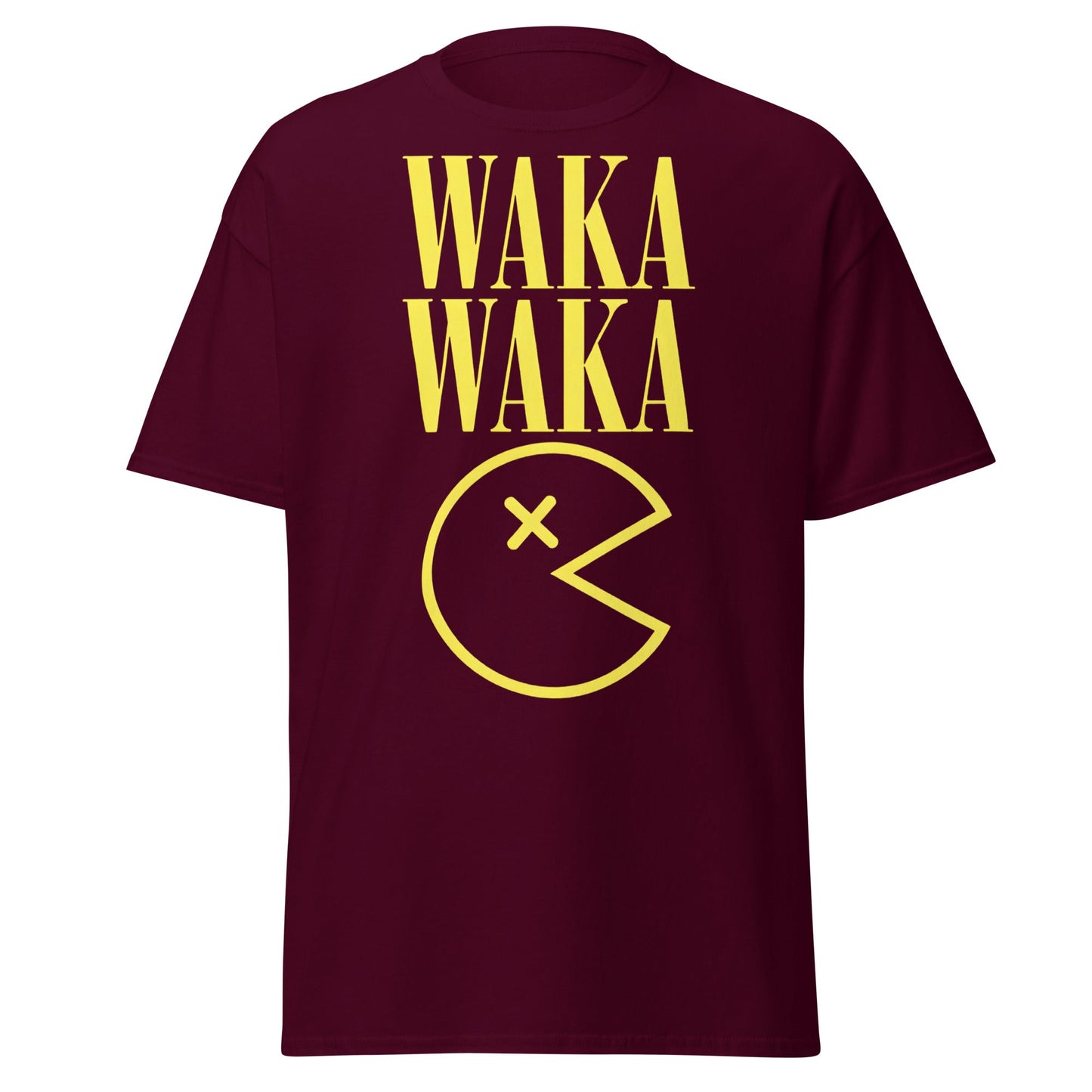 WAKA WAKA Pac - Man Parody T-Shirt | Funny Retro Tee - Maroon - T-Shirts Online