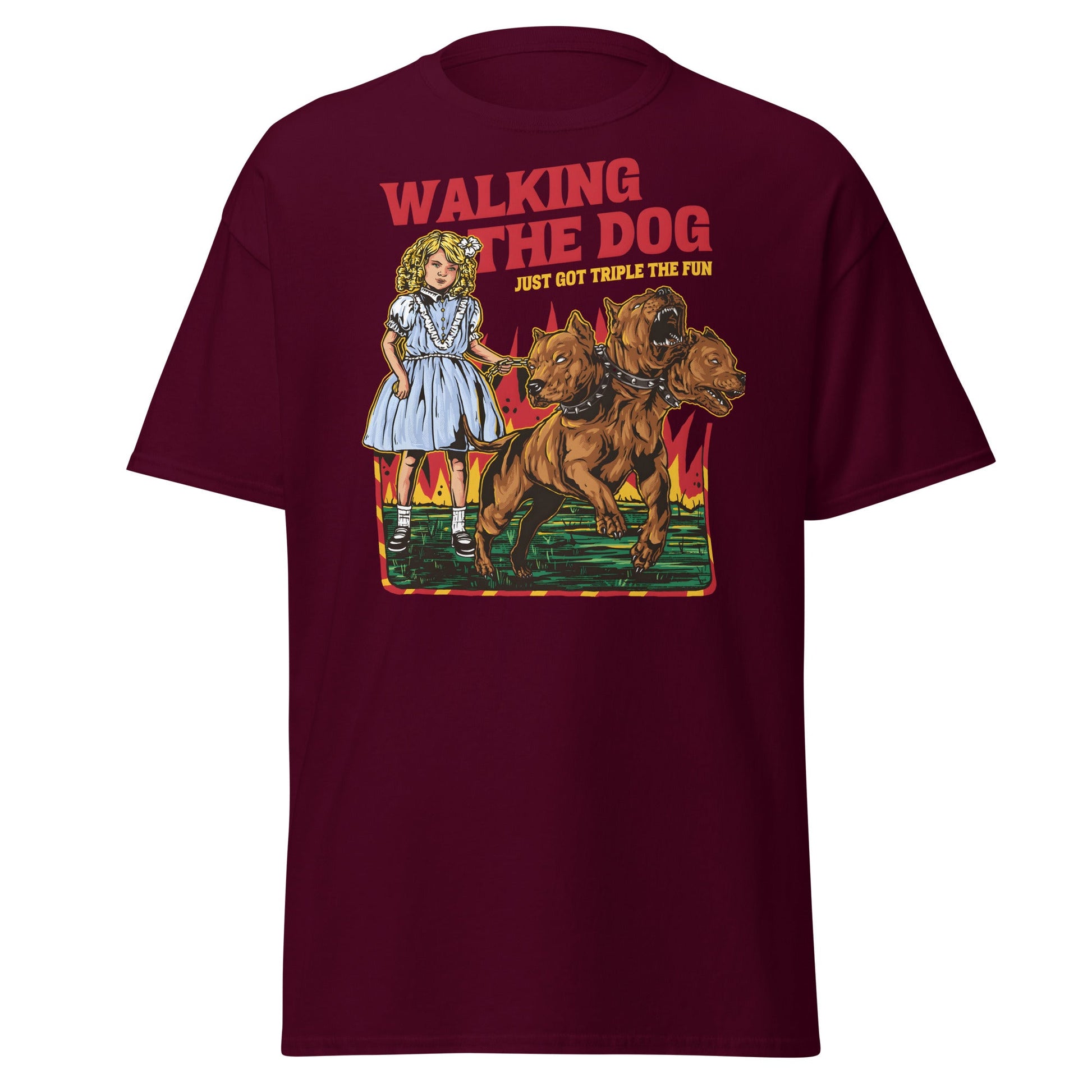 Walking the Dog Triple Fun T-Shirt - Maroon - T-Shirts Online
