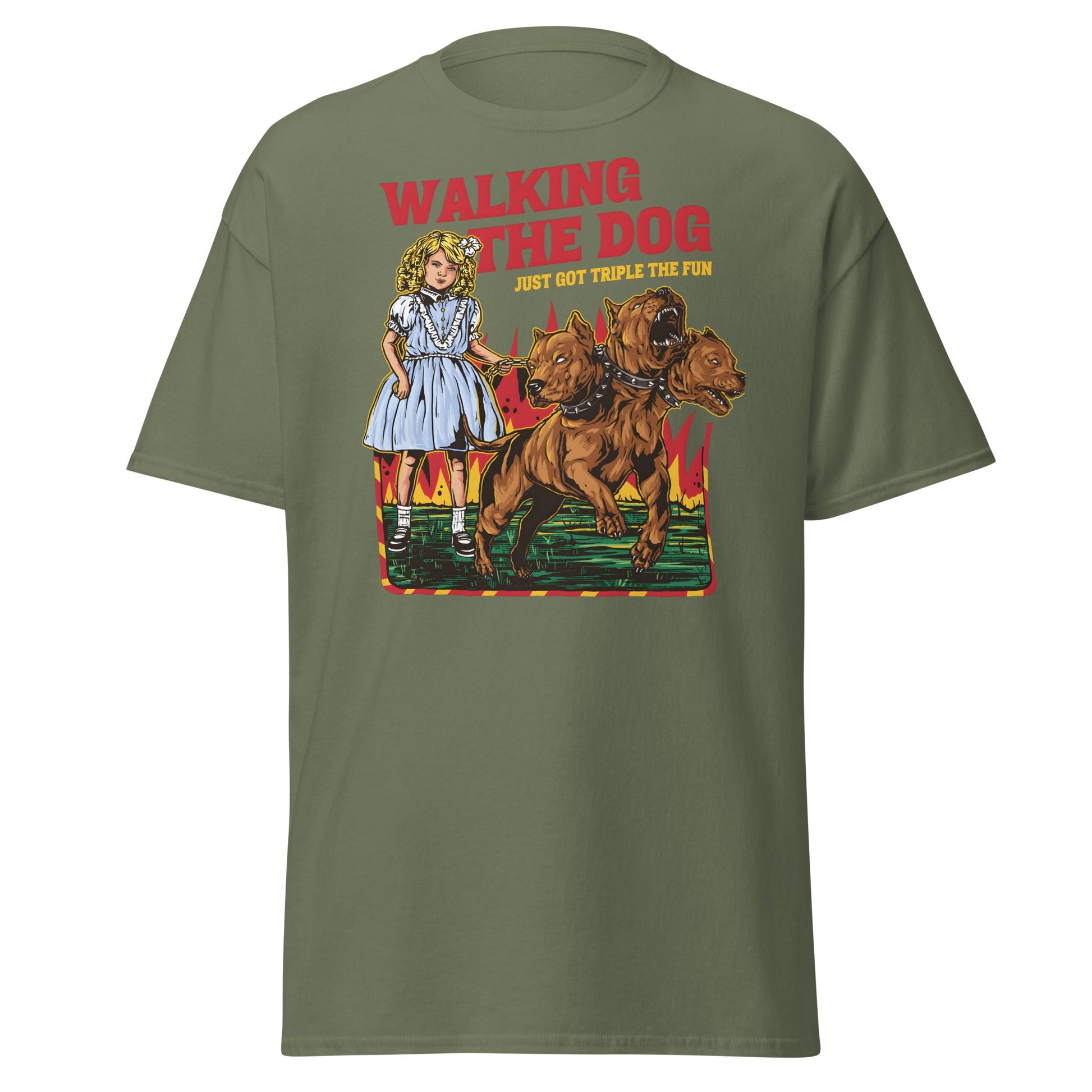 Walking the Dog Triple Fun T-Shirt - Military Green - T-Shirts Online