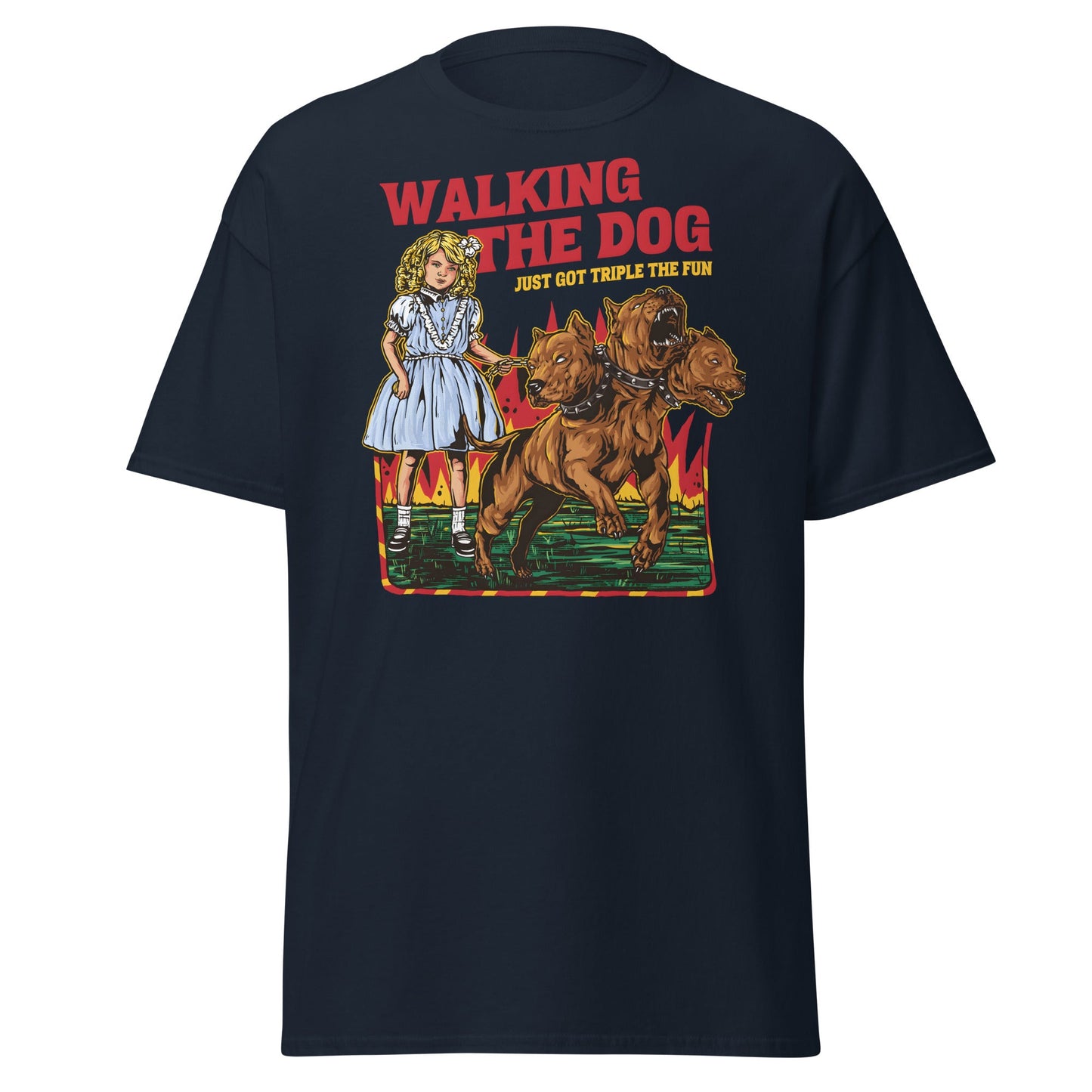 Walking the Dog Triple Fun T-Shirt - Navy - T-Shirts Online