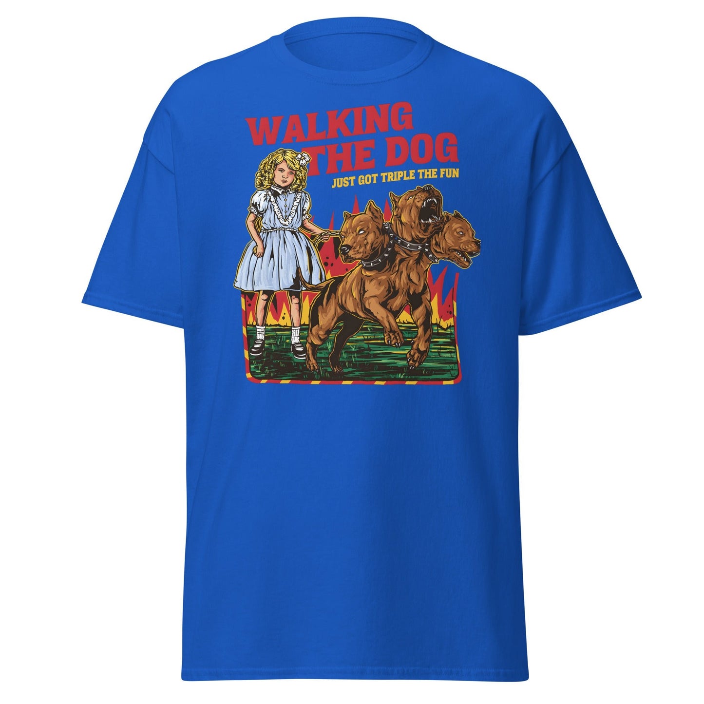 Walking the Dog Triple Fun T-Shirt - Royal - T-Shirts Online