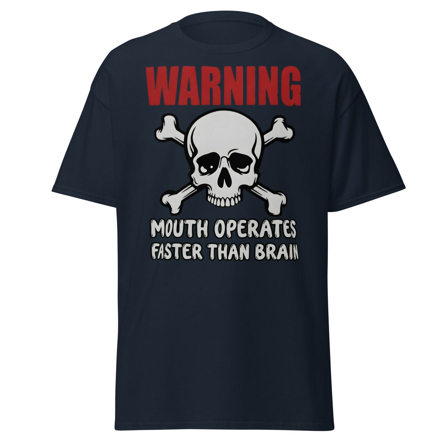 Warning: Mouth Operates Faster Than Brain Funny T-Shirt - Navy - T-Shirts Online
