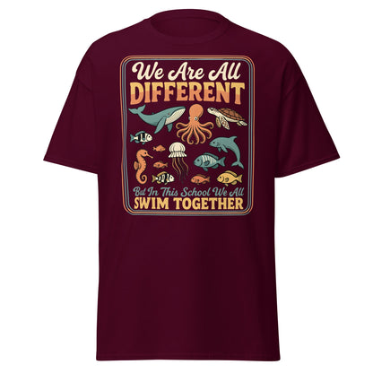 We Are All Different Swim Together T-Shirt | Ocean Unity Tee - Maroon - T-Shirts Online