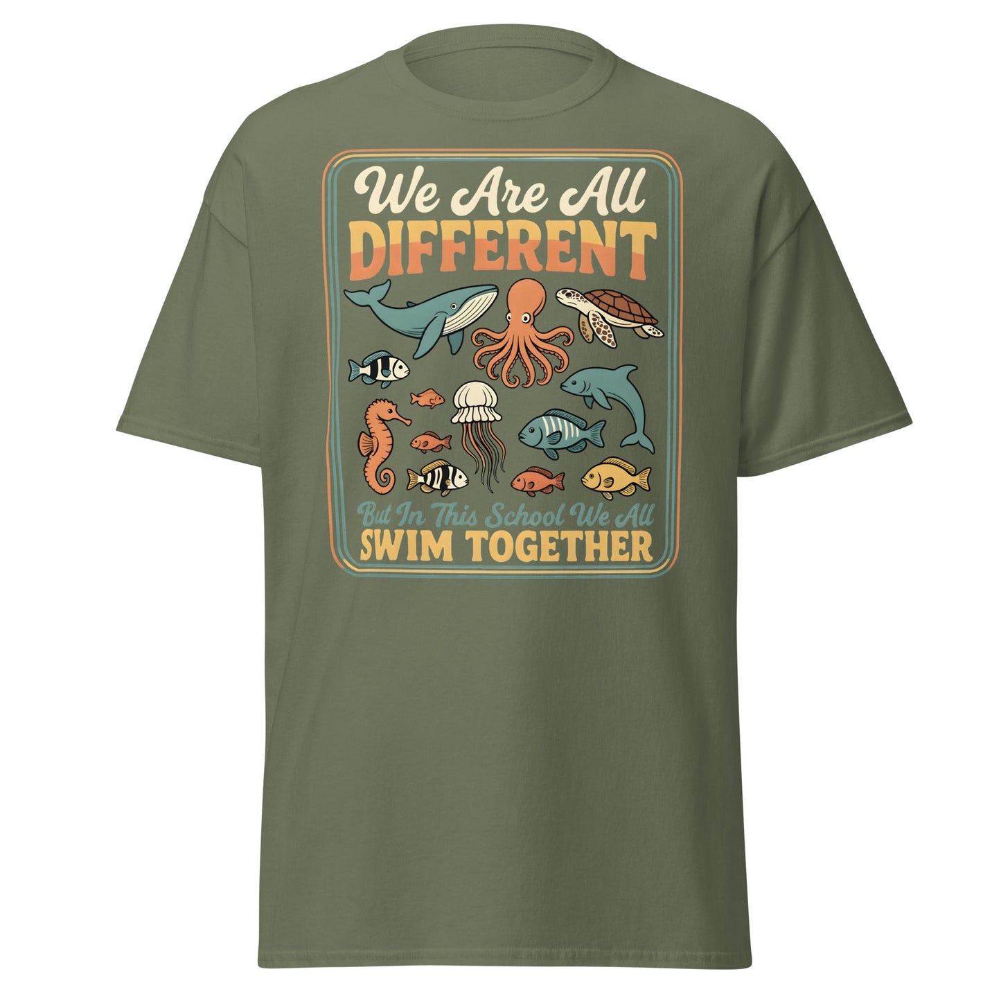 We Are All Different Swim Together T-Shirt | Ocean Unity Tee - Military Green - T-Shirts Online