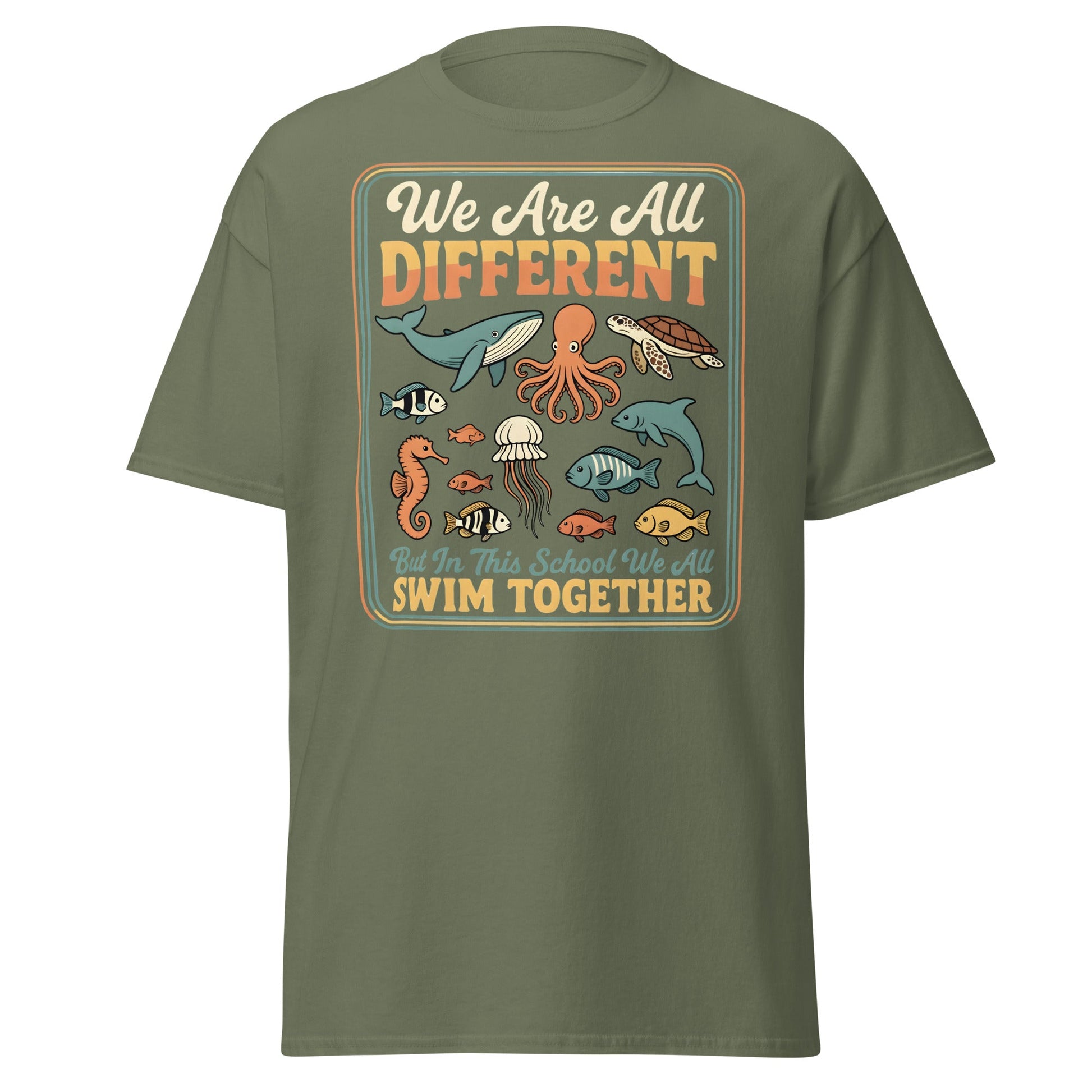 We Are All Different Swim Together T-Shirt | Ocean Unity Tee - Military Green - T-Shirts Online