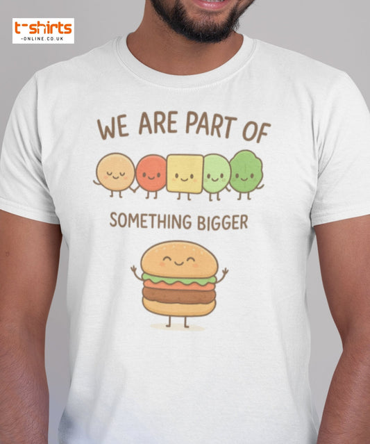 White t-shirt with a colorful graphic and text 'WE ARE PART OF SOMETHING BIGGER' on a plain background.