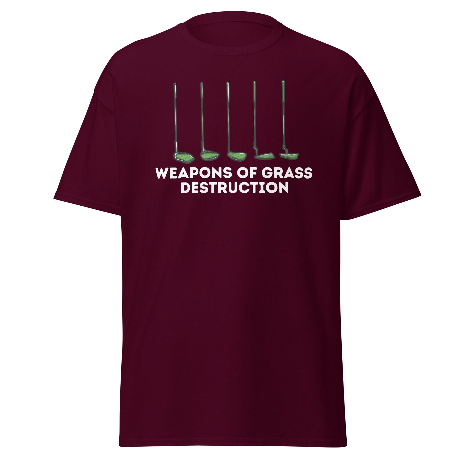 Weapons of Grass Destruction T-Shirt - Funny Golf Tee - Maroon - T-Shirts Online