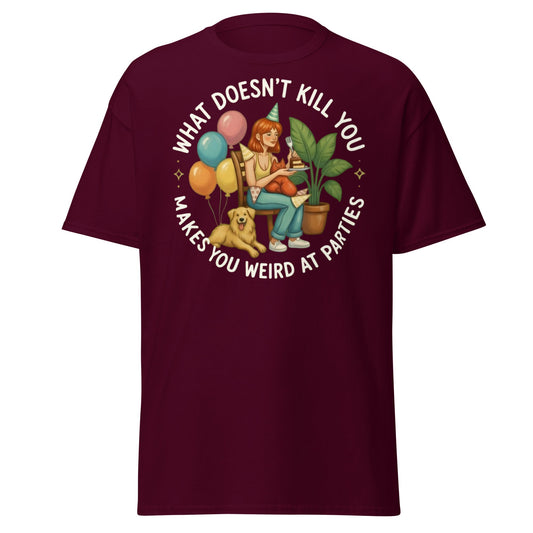 Weird at Parties Funny Graphic Tee - Introvert Humor Shirt - Maroon - T-Shirts Online