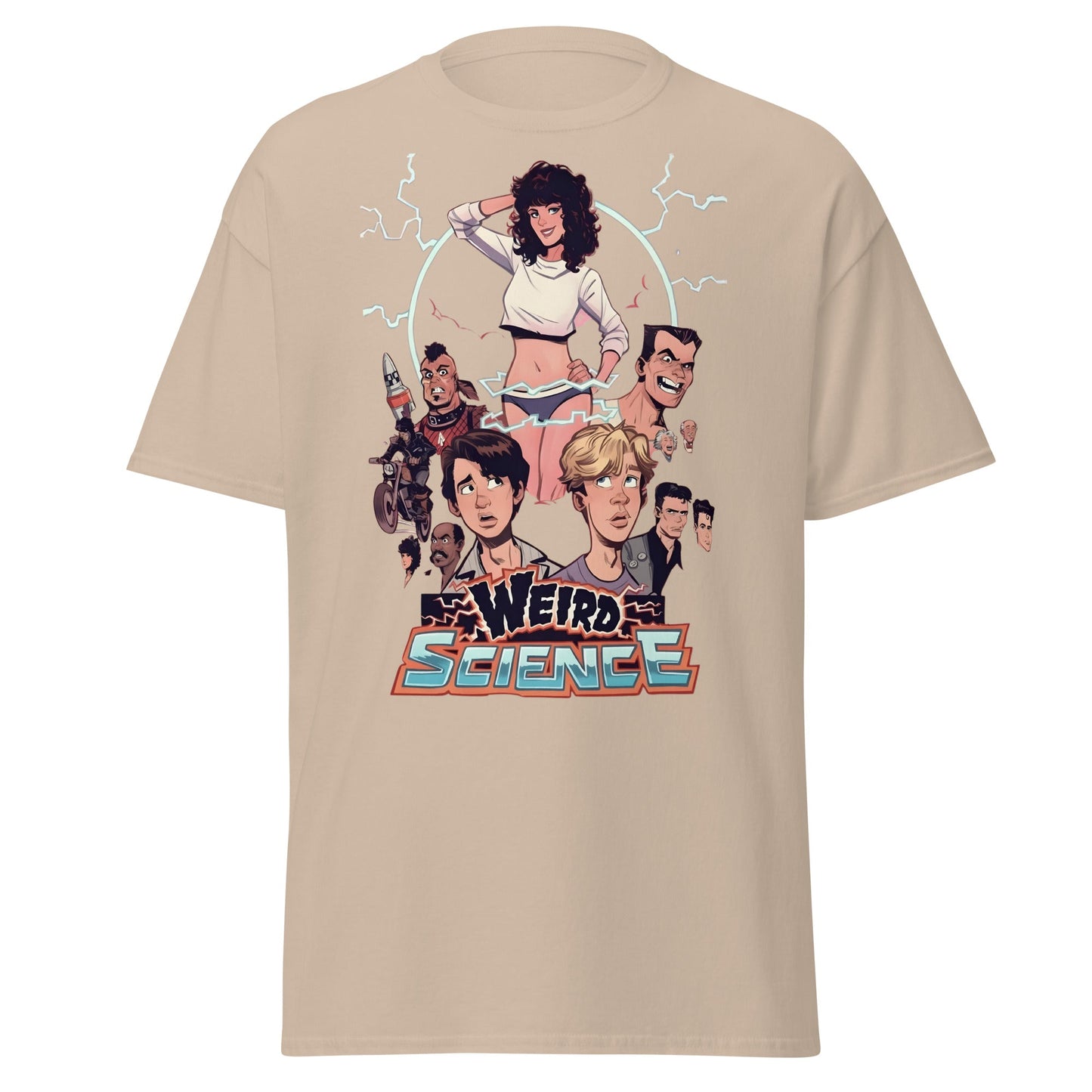 Weird Science Cartoon Tribute T-Shirt - 80s Movie Fan Tee - Sand - T-Shirts Online
